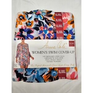 Anne Cole Floral Swim Cover-Up XL/XXL Blue Orange Crinkle Rayon Flounce Sleeve